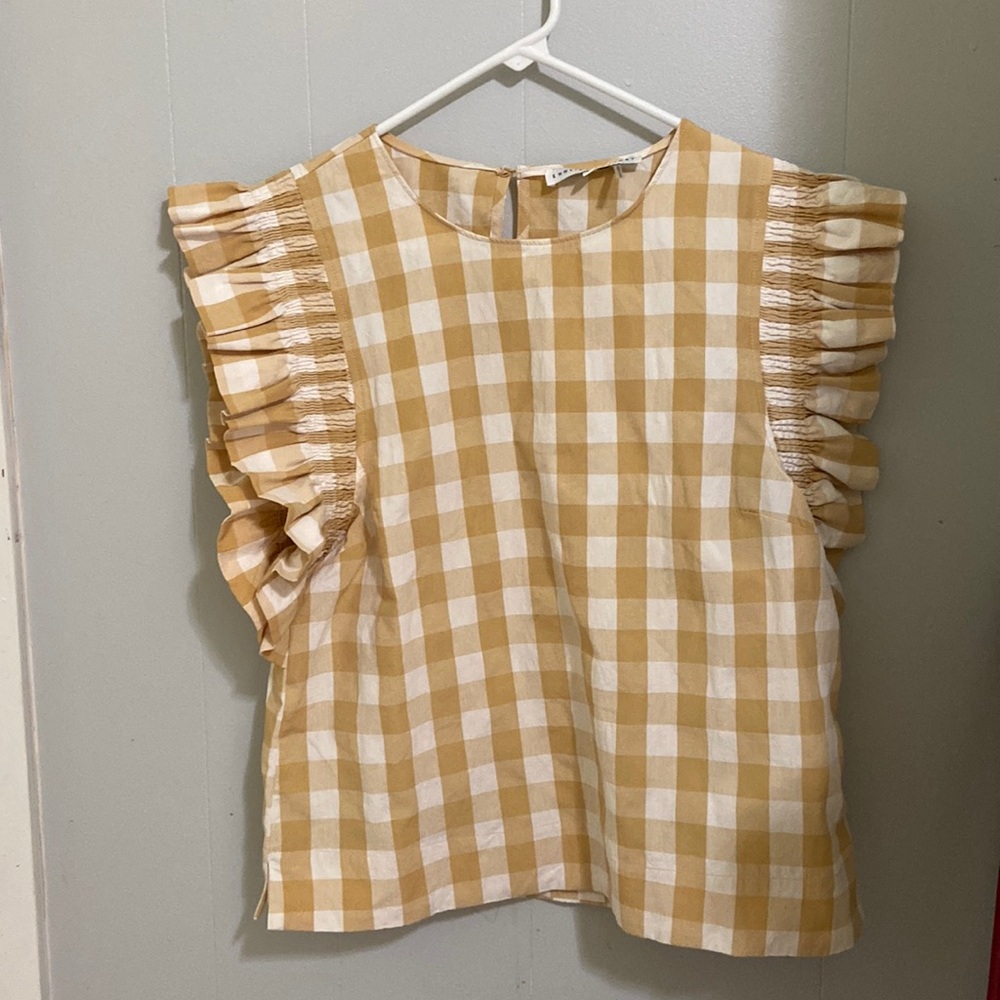 English Factory Beige Gingham Ruffle sleeve Top